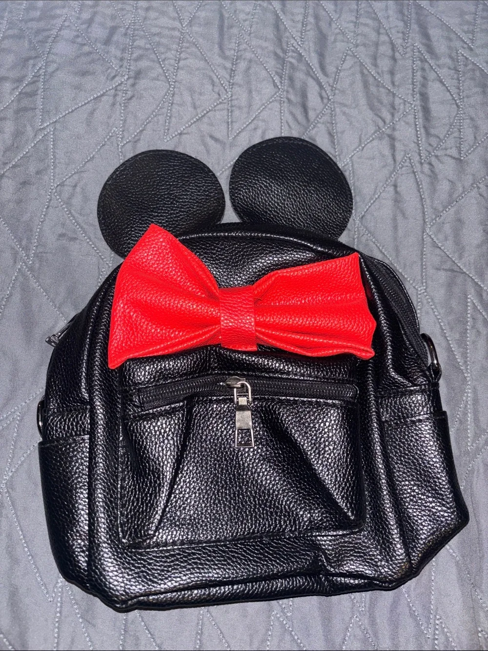 Kids Black Faux Leather Bow Backpack with Red Bow Minnie 9”